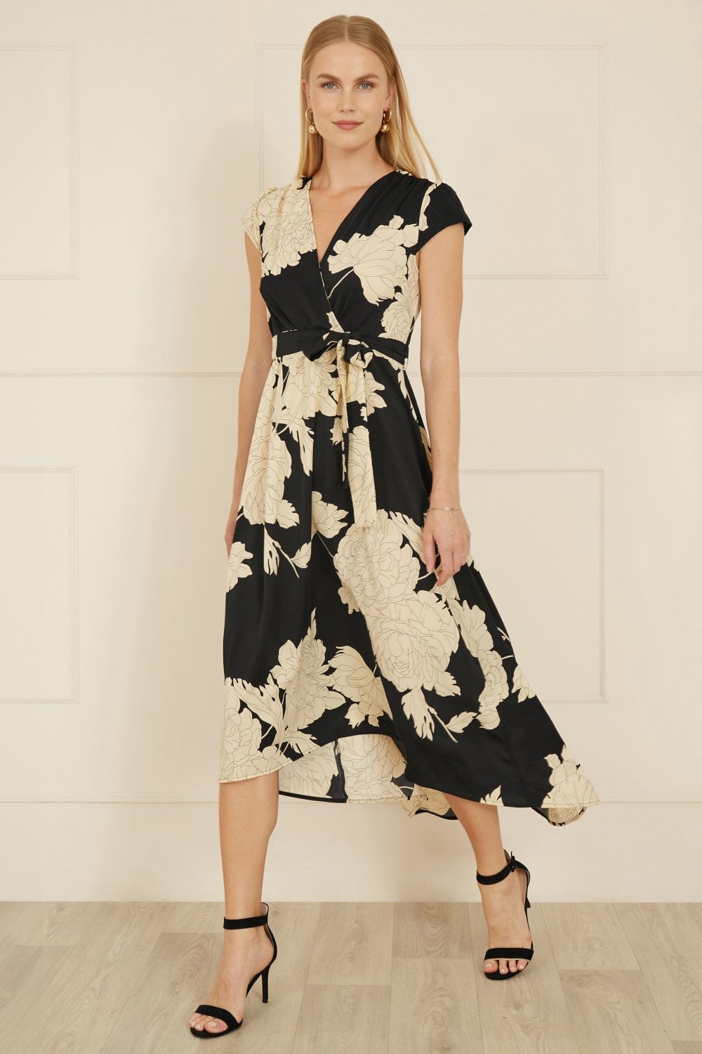 Yumi Black Blossom Print Wrap Midi With Dipped Hem Yumi