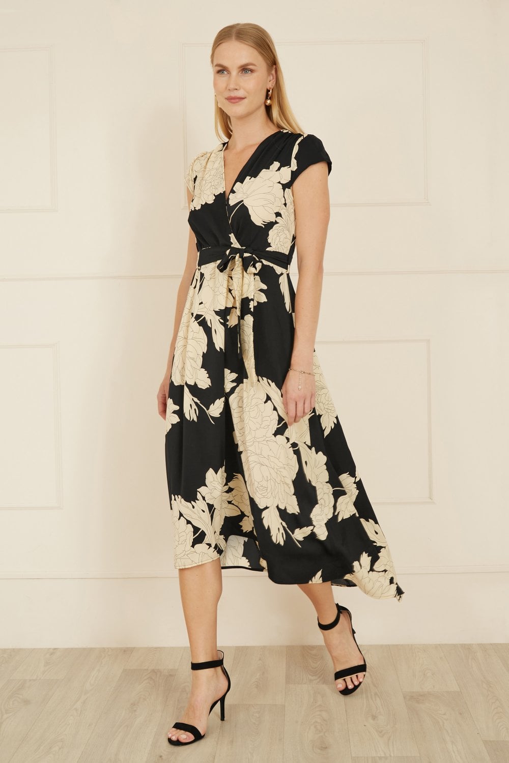 Yumi Black Blossom Print Wrap Midi With Dipped Hem Yumi