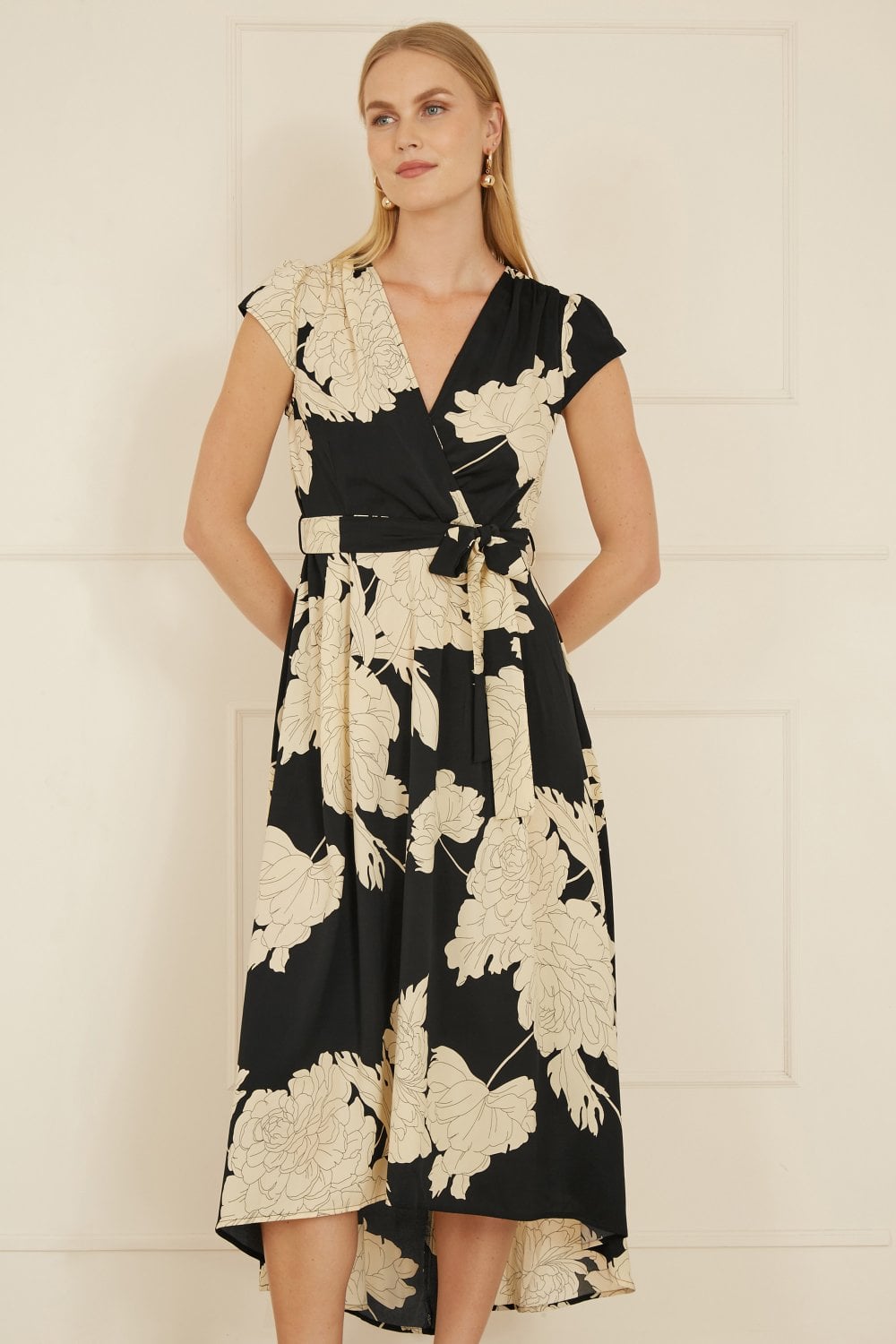 Yumi Black Blossom Print Wrap Midi With Dipped Hem Yumi