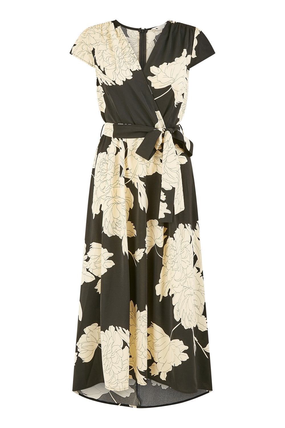 Yumi Black Blossom Print Wrap Midi With Dipped Hem Yumi