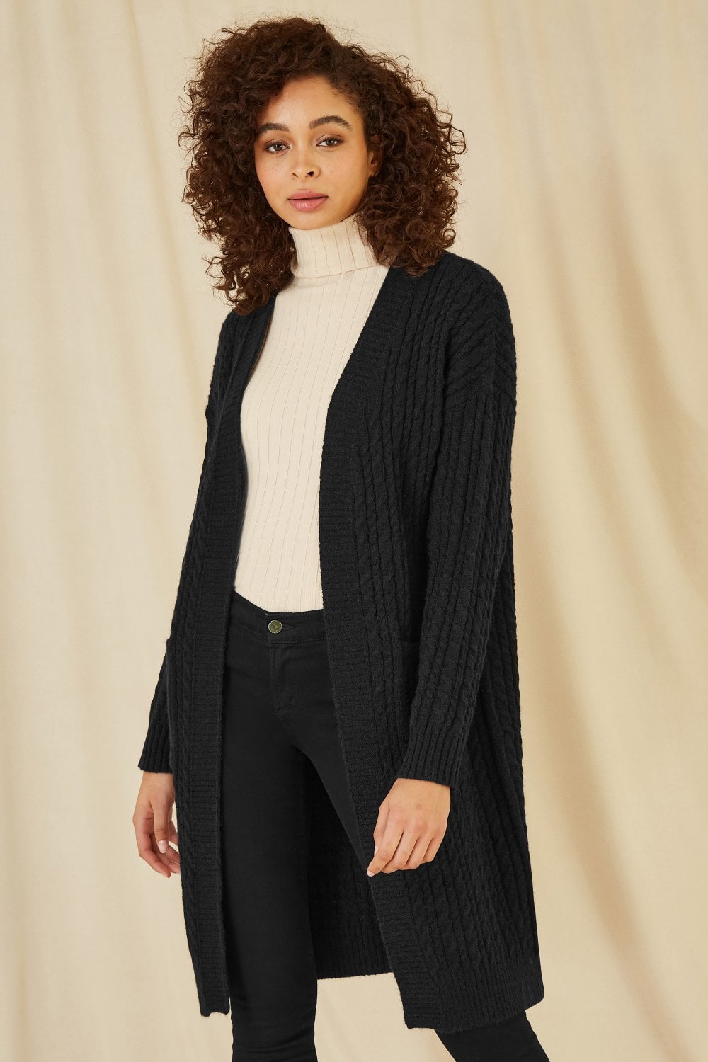 Yumi Black Cable Knit Edge to Edge Long Cardigan With Pockets Yumi