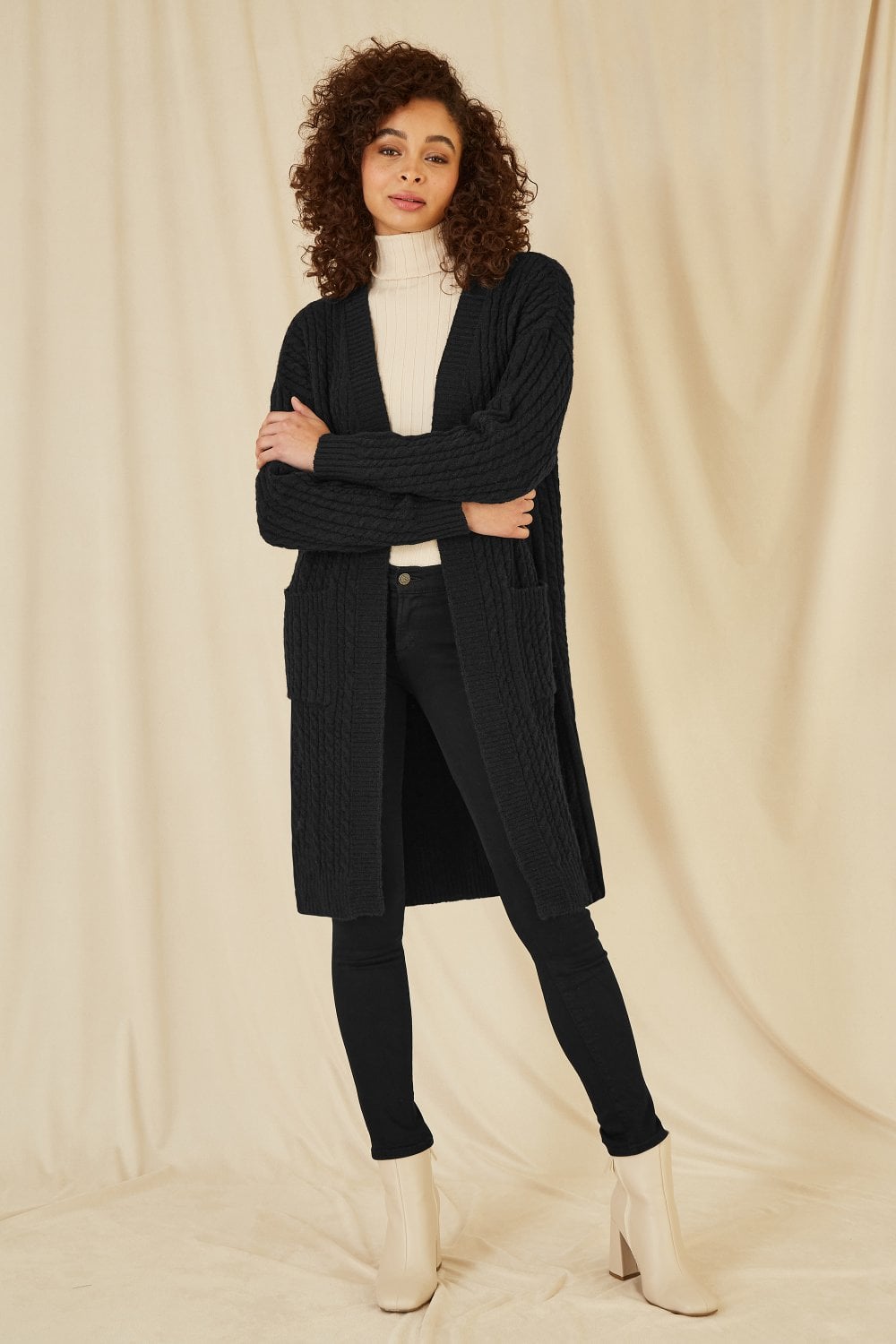 Yumi Black Cable Knit Edge to Edge Long Cardigan With Pockets Yumi