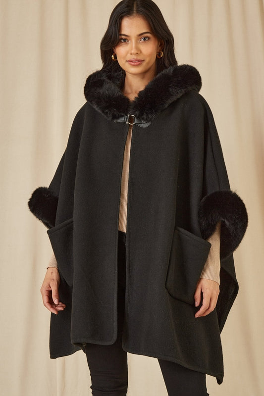 Yumi Black Cape With Luxe Fur Trim And Lining Yumi