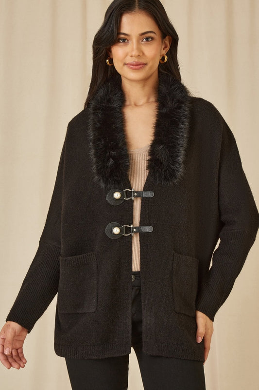 Yumi Black Cardigan With Detachable Fur Collar Trim Yumi