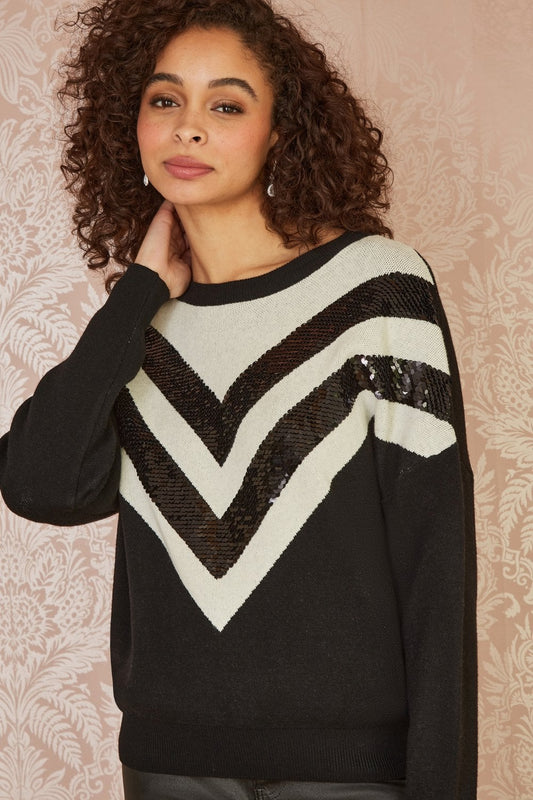 Yumi Black Chevron Knitted Relaxed Jumper With Sequins Yumi