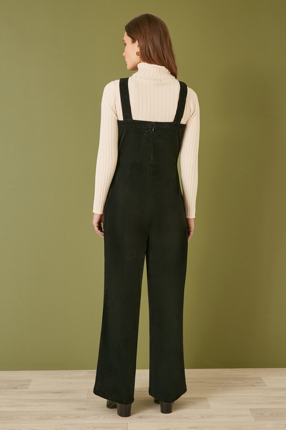 Yumi Black Cord Stretch Dungaree Style Jumpsuit Yumi