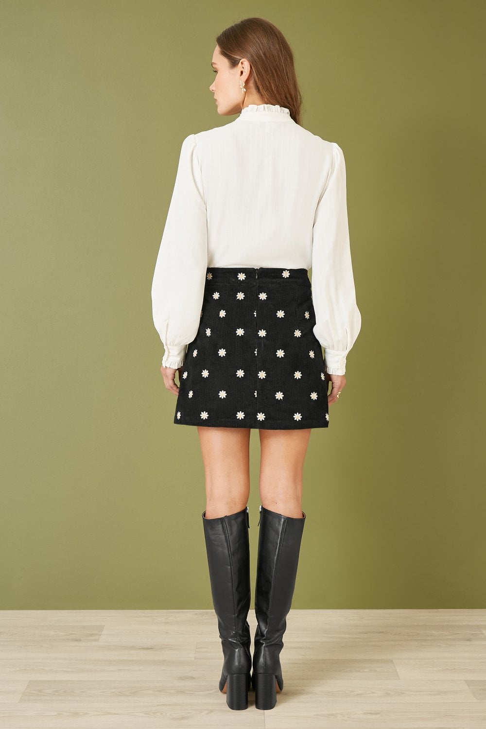 Yumi Black Corduroy Embroidered Daisy Mini Skirt Yumi