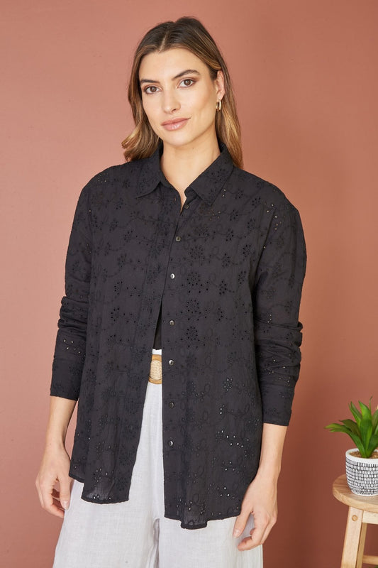 Yumi Black Cotton Broderie Anglaise Relaxed Shirt Yumi