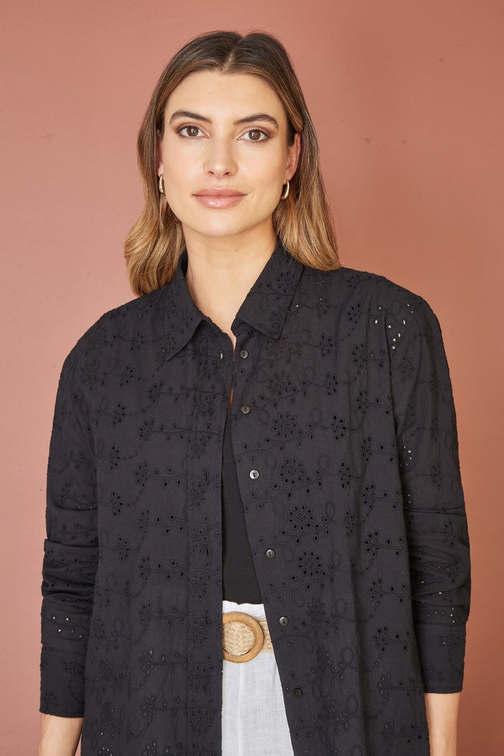 Yumi Black Cotton Broderie Anglaise Relaxed Shirt Yumi