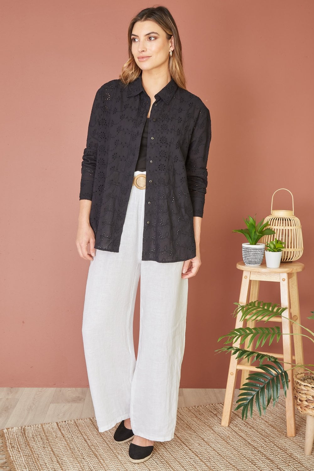 Yumi Black Cotton Broderie Anglaise Relaxed Shirt Yumi