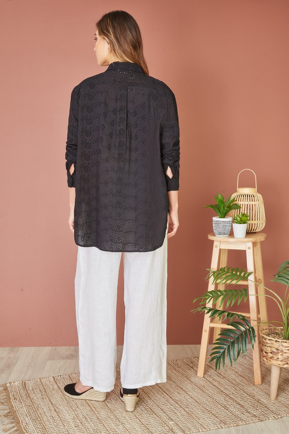 Yumi Black Cotton Broderie Anglaise Relaxed Shirt Yumi