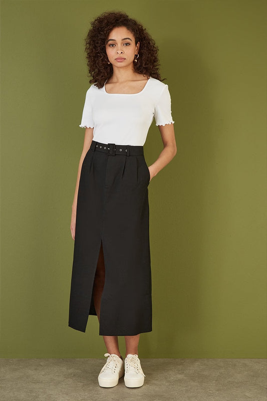 Yumi Black Cotton Midi Skirt With Belt And Split Hem Yumi