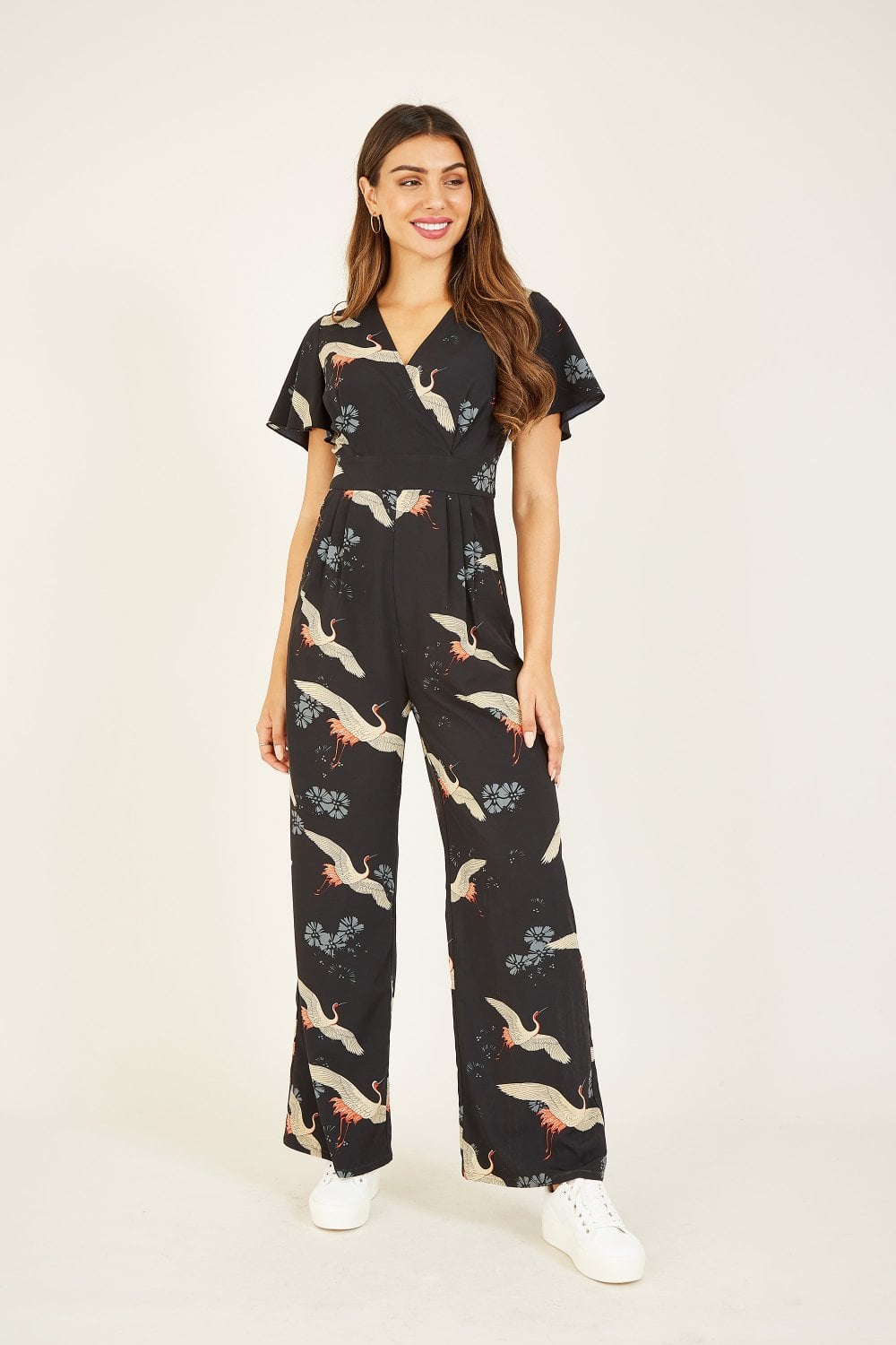 Yumi Black Crane Print Angel Sleeve Jumpsuit Yumi