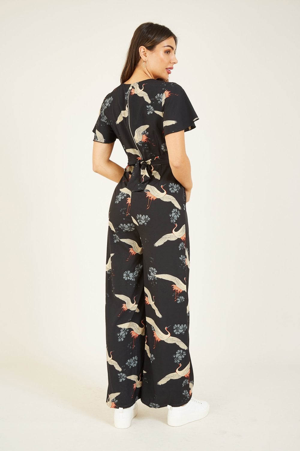 Yumi Black Crane Print Angel Sleeve Jumpsuit Yumi