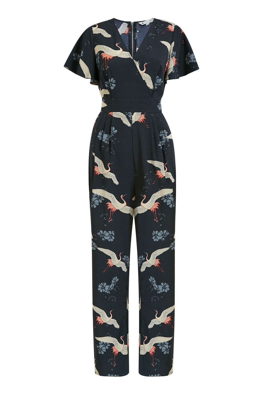 Yumi Black Crane Print Angel Sleeve Jumpsuit Yumi