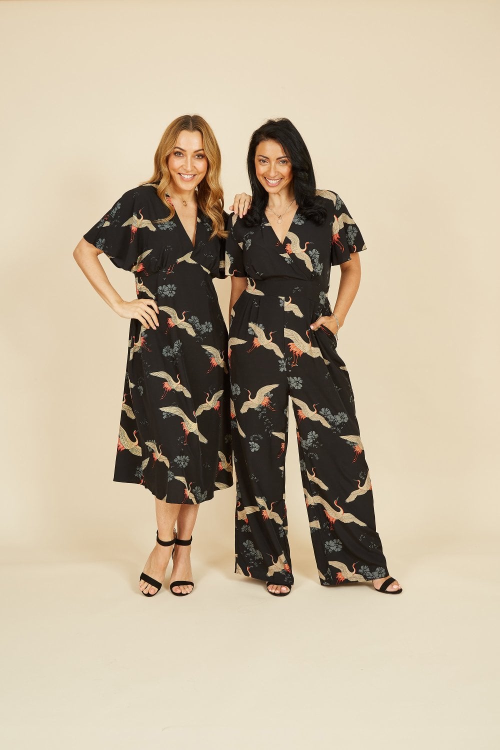 Yumi Black Crane Print Angel Sleeve Jumpsuit Yumi