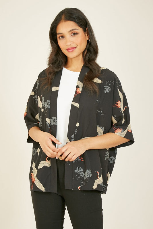 Yumi Black Crane Print Kimono Yumi