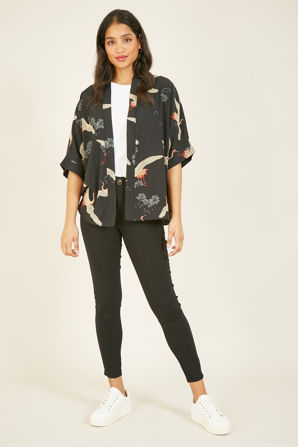 Yumi Black Crane Print Kimono Yumi