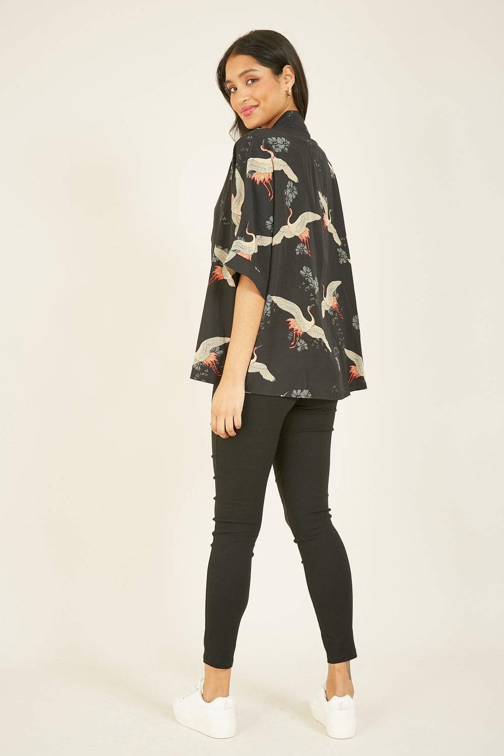 Yumi Black Crane Print Kimono Yumi