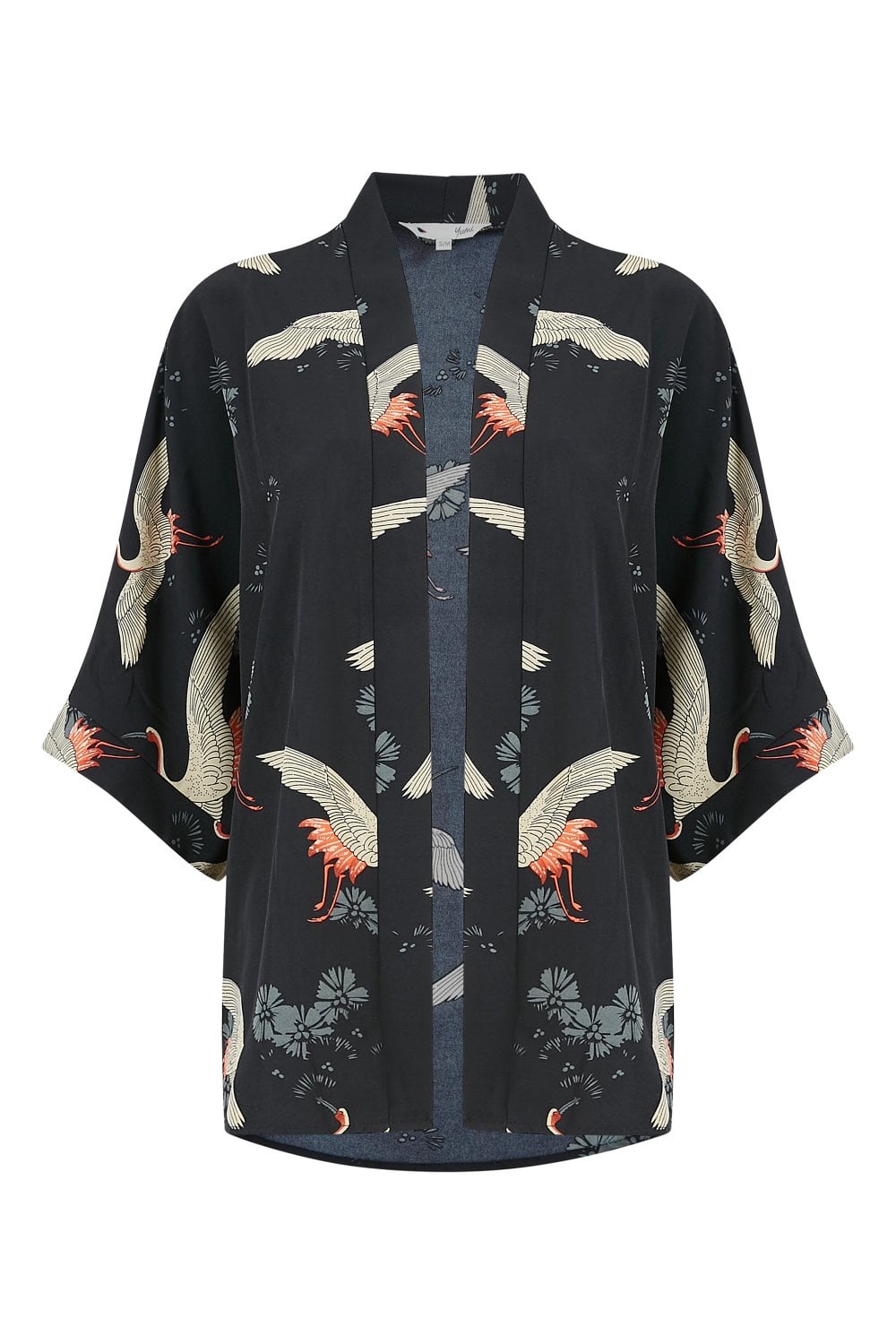 Yumi Black Crane Print Kimono Yumi