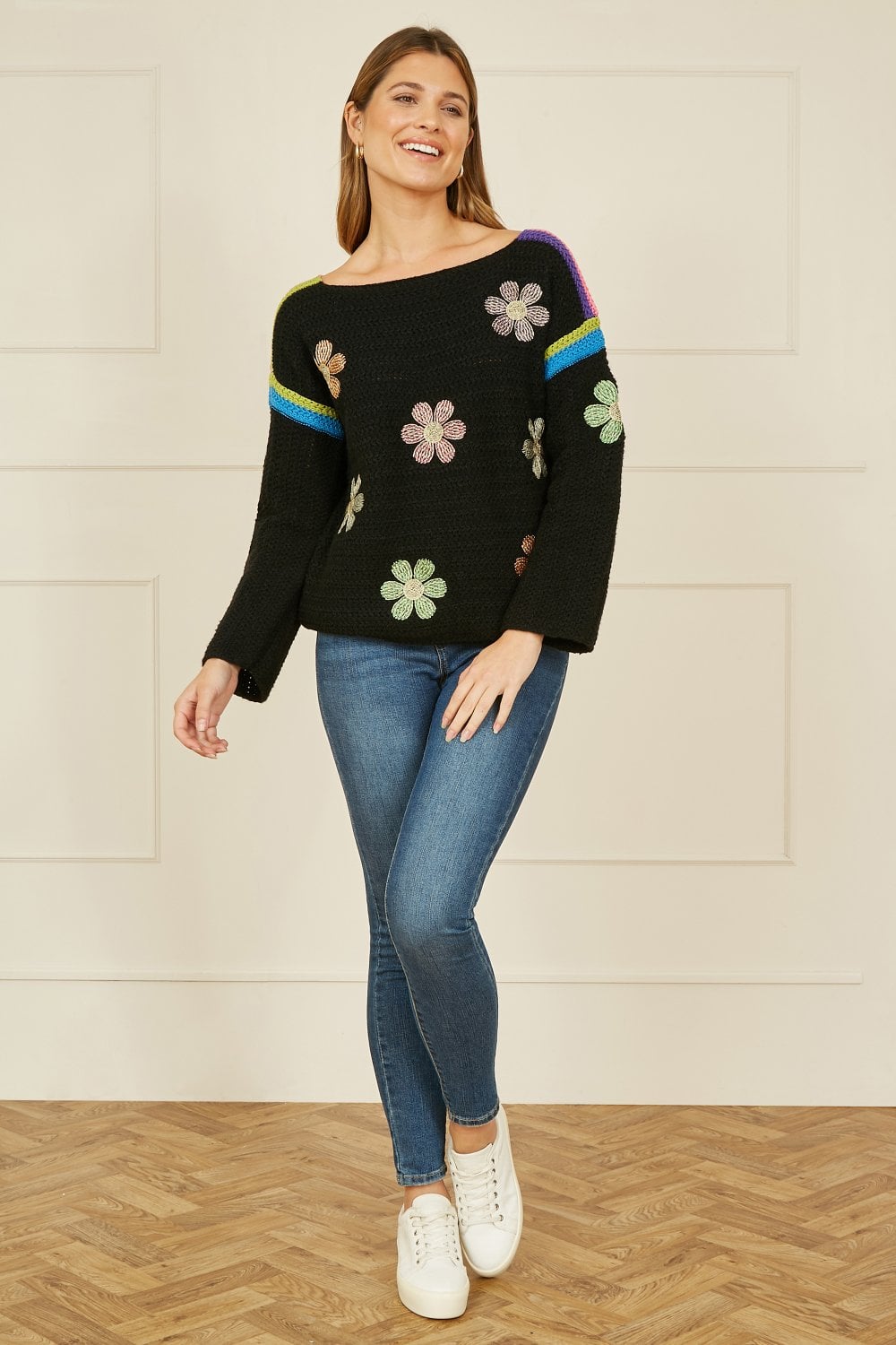 Yumi Black Crochet Flower Jumper Yumi