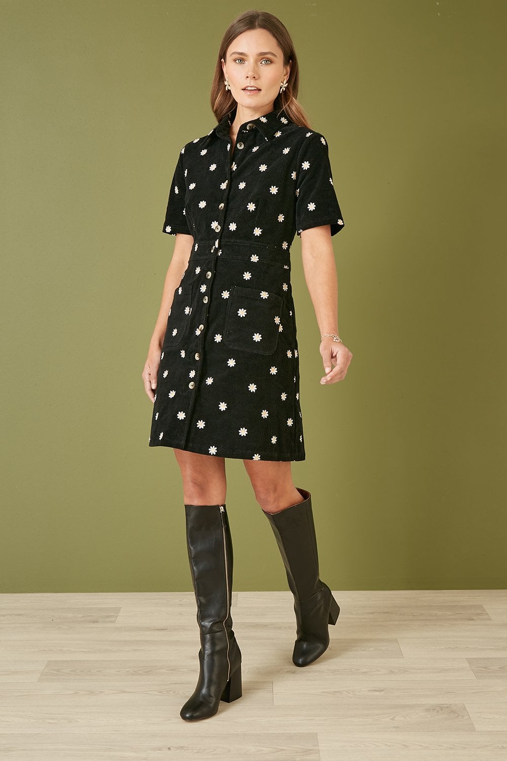 Yumi Black Daisy Embroidered Cord Shirt Dress Yumi