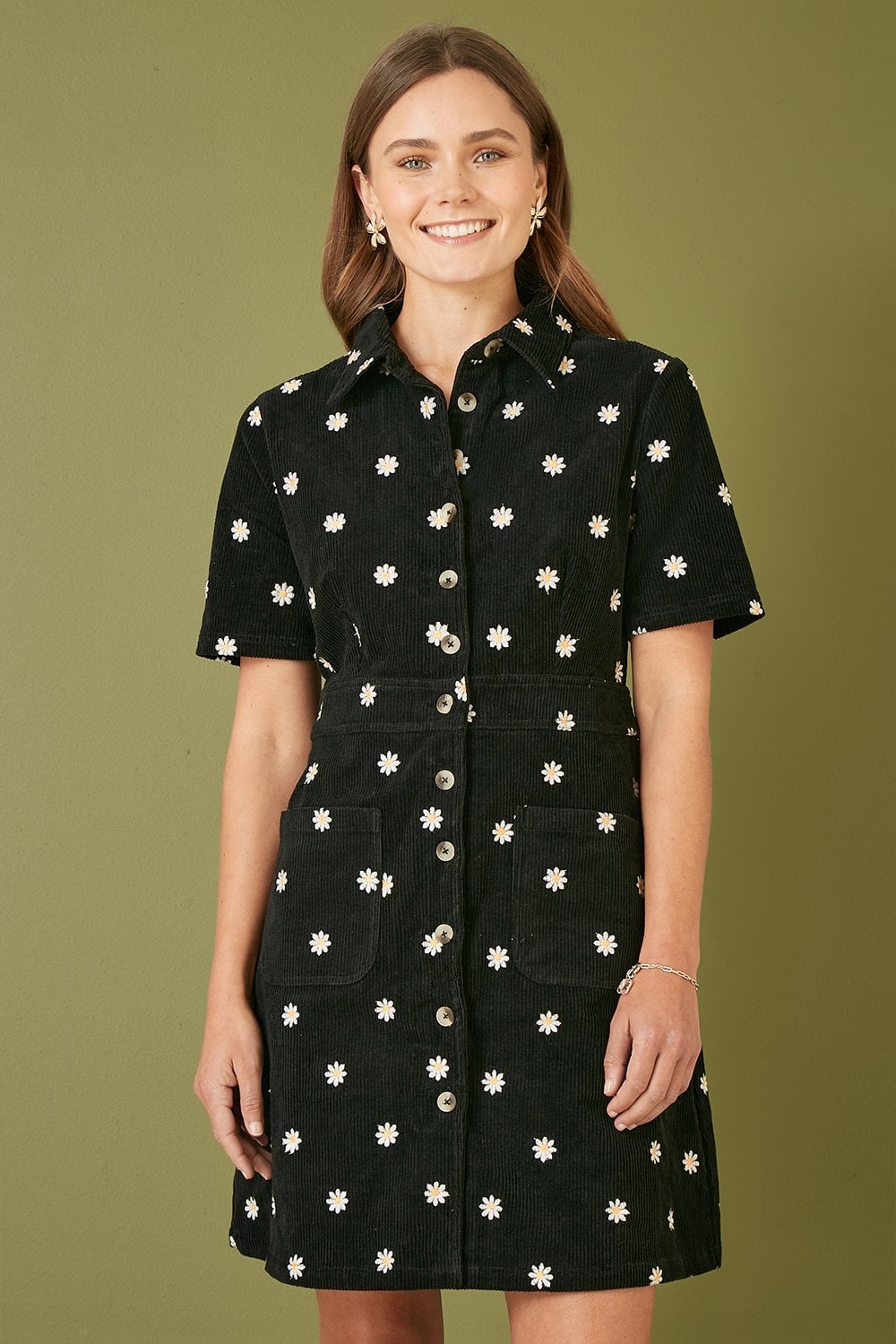 Yumi Black Daisy Embroidered Cord Shirt Dress Yumi