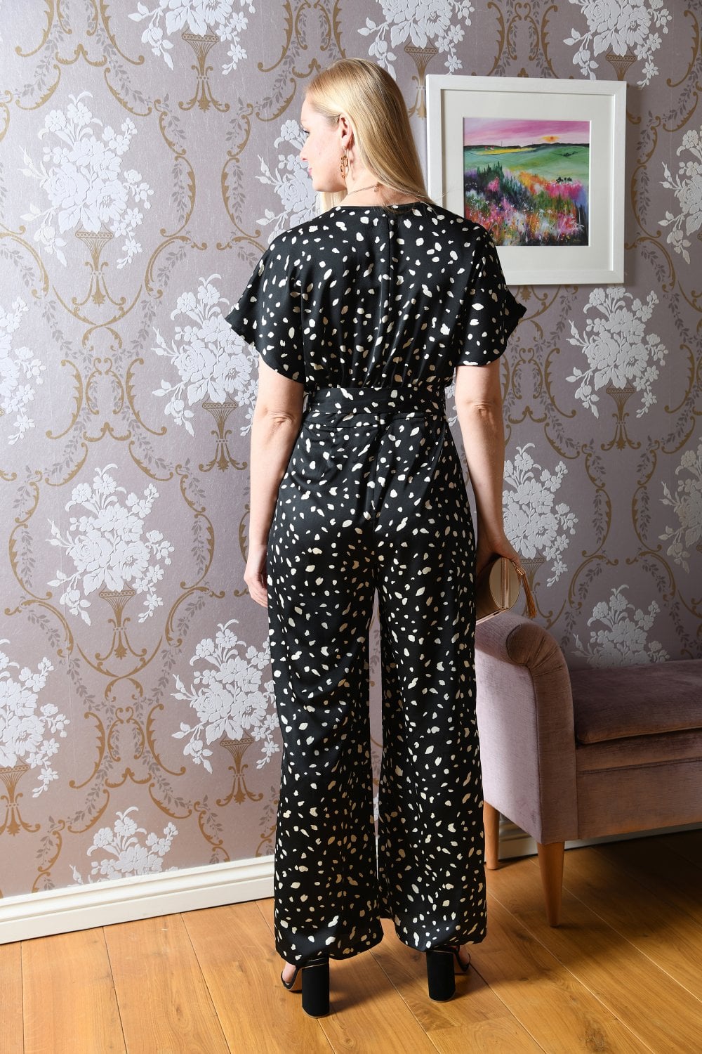 Yumi Black Dash Print Satin Jumpsuit Yumi