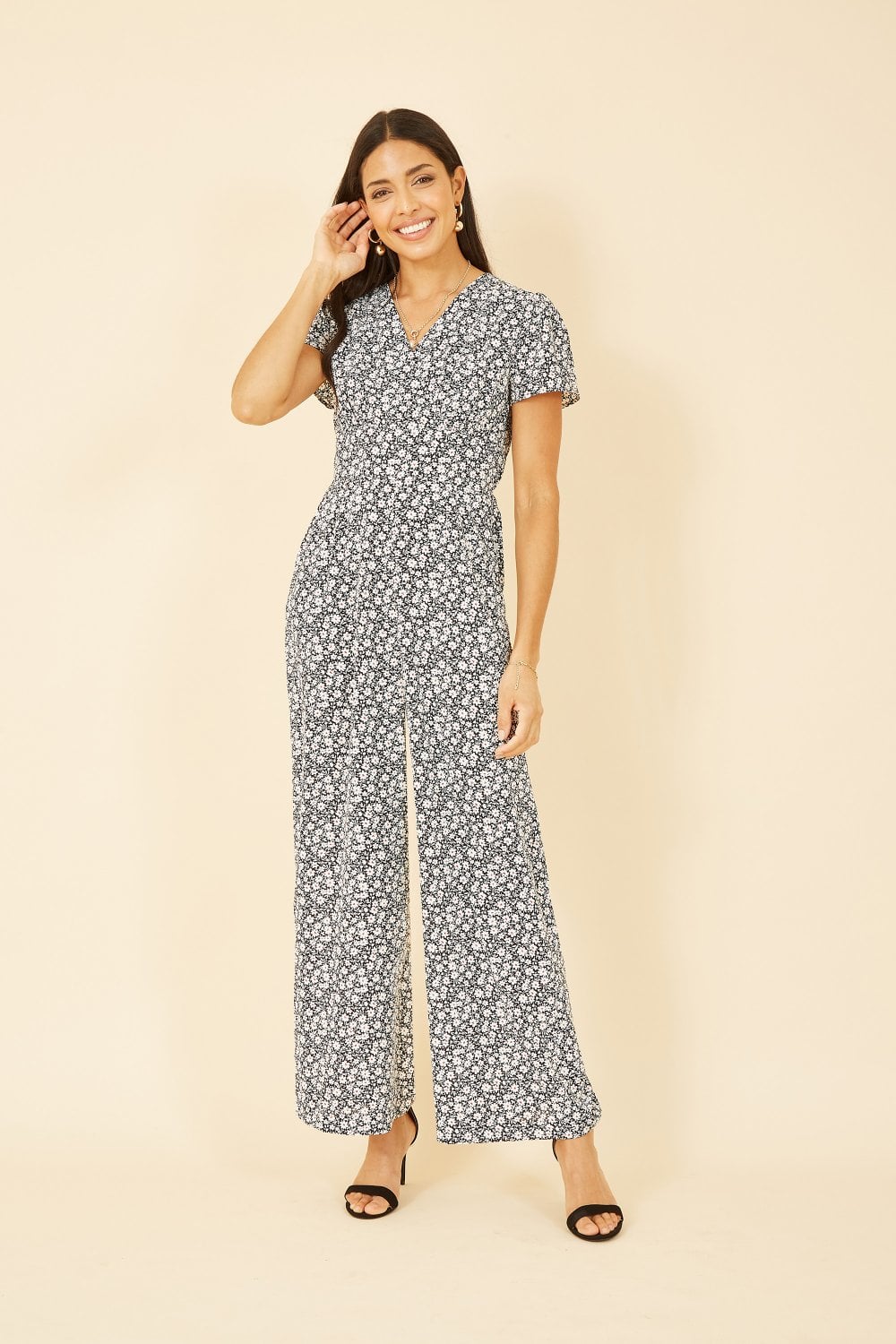 Yumi Black Ditsy Floral Wrap Jumpsuit JUMPSUIT Yumi