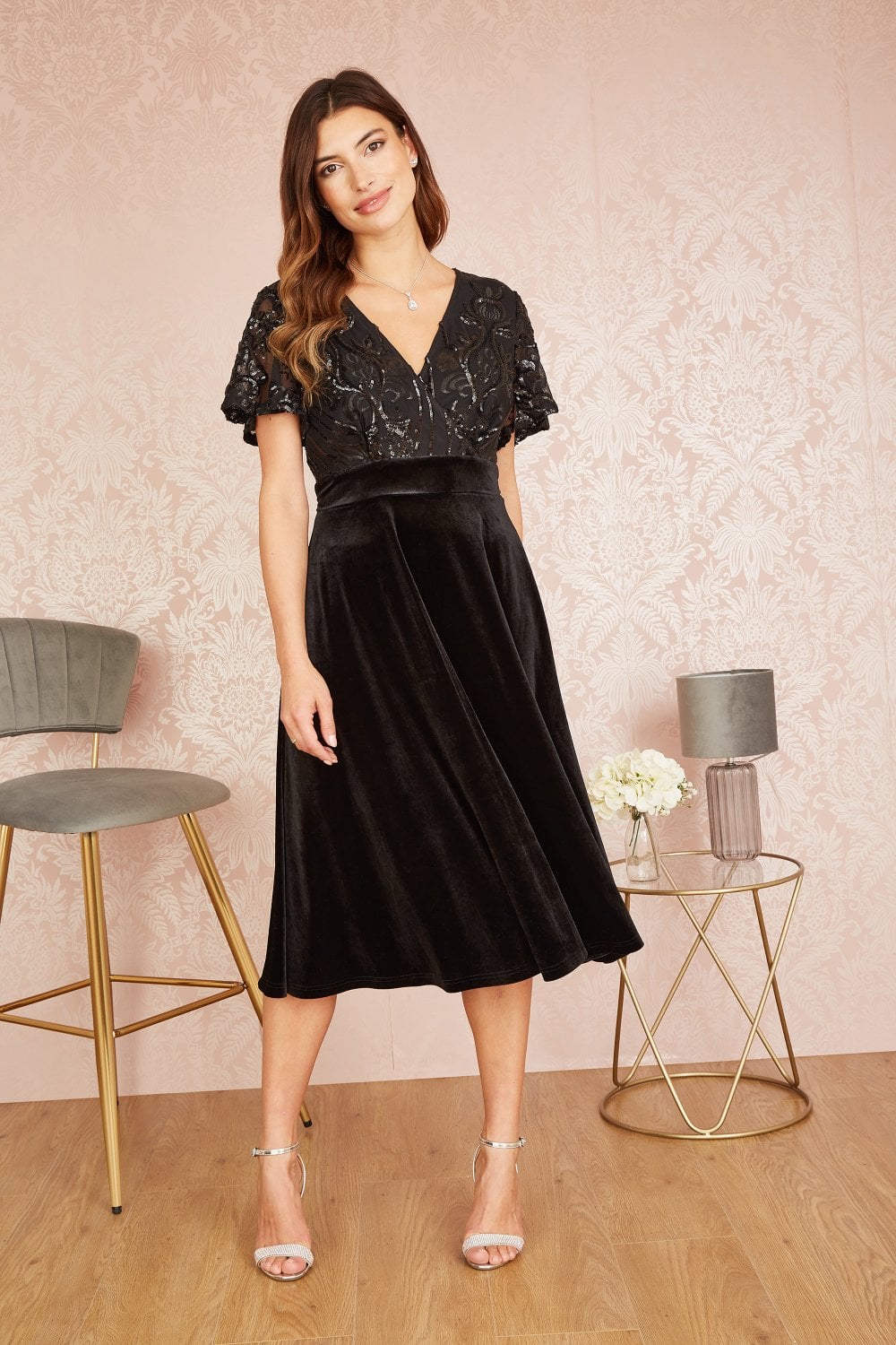 Yumi Black Embellished Velvet Wrap Skater Midi Dress Yumi