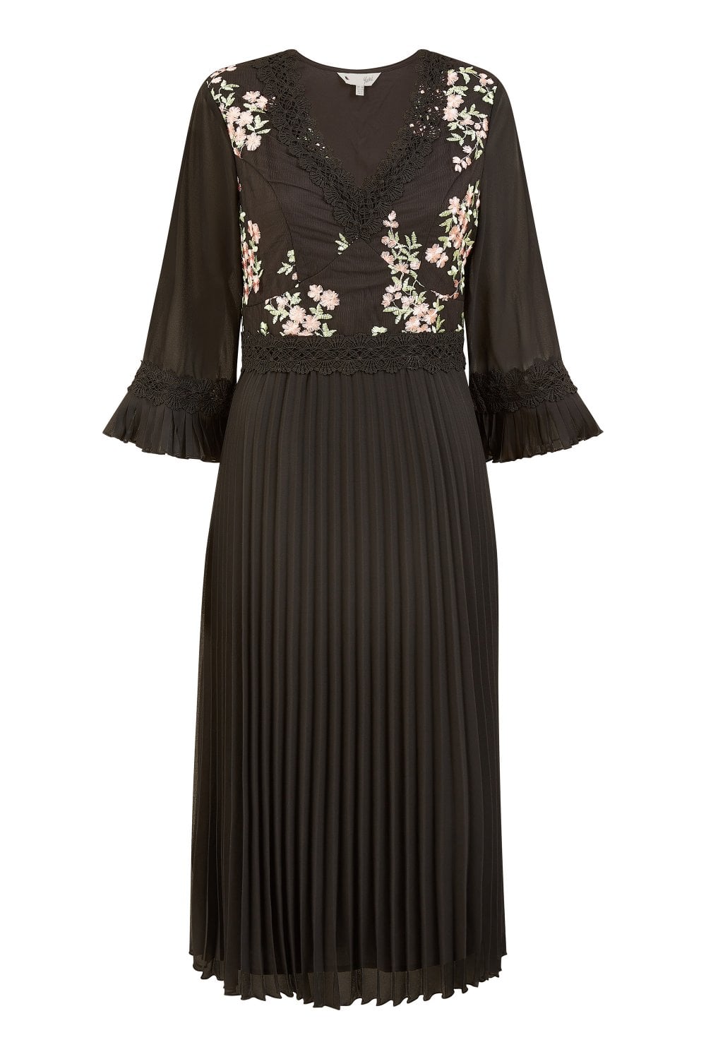 Yumi Black Embroidered Panel Midi Dress With Pleats Yumi