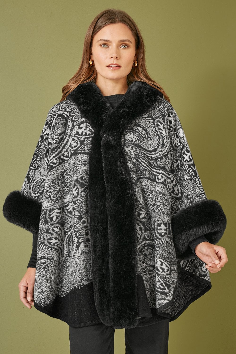 Yumi Black Faux Fur Trim Cape With Paisley Print Yumi