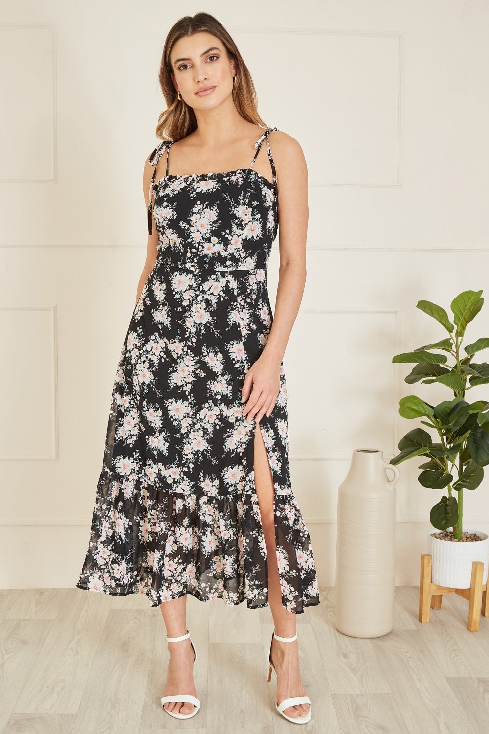 Yumi Black Floral Midi Sundress With Split Hem Yumi