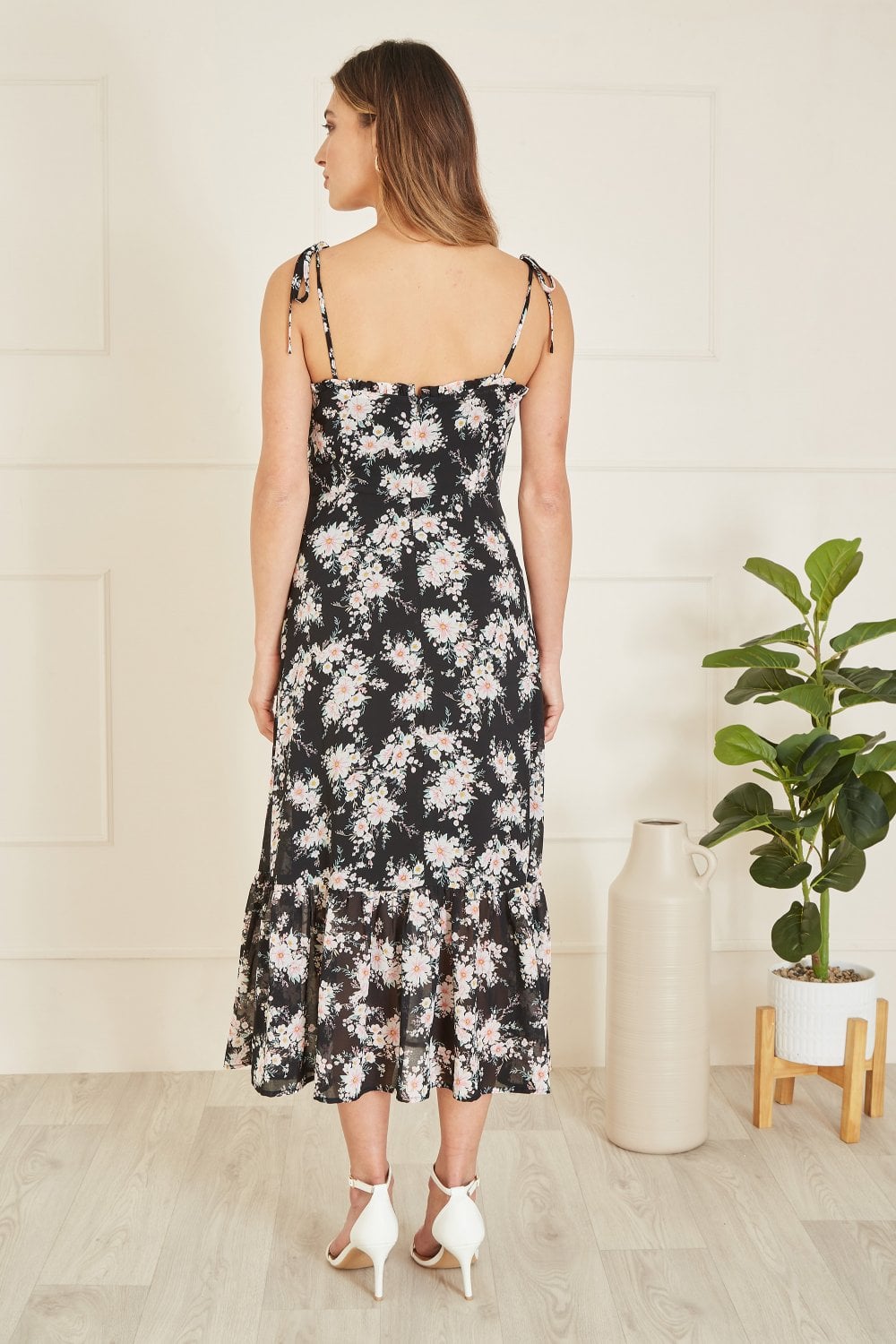 Yumi Black Floral Midi Sundress With Split Hem Yumi