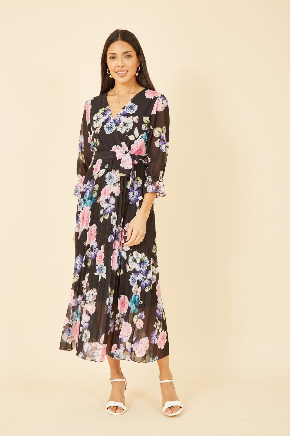 Yumi Black Floral Pleated Wrap Midi Dress Yumi