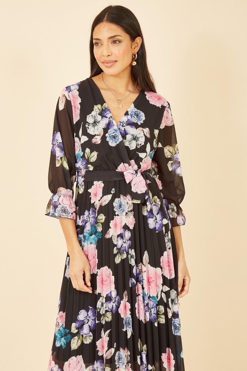 Yumi Black Floral Pleated Wrap Midi Dress Yumi