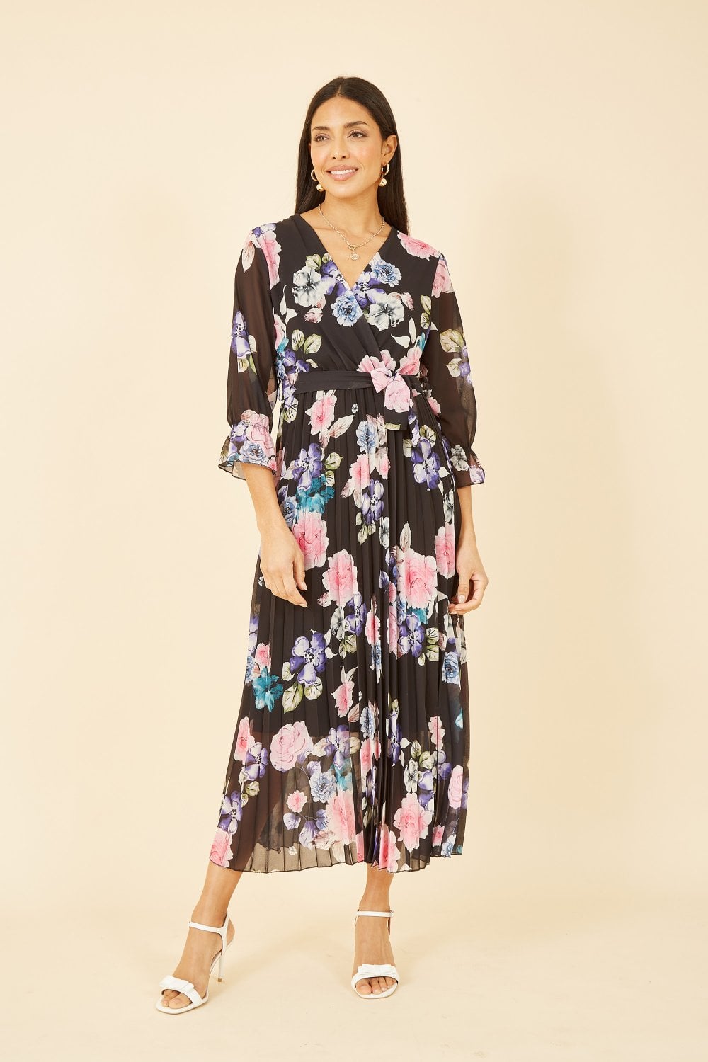 Yumi Black Floral Pleated Wrap Midi Dress Yumi