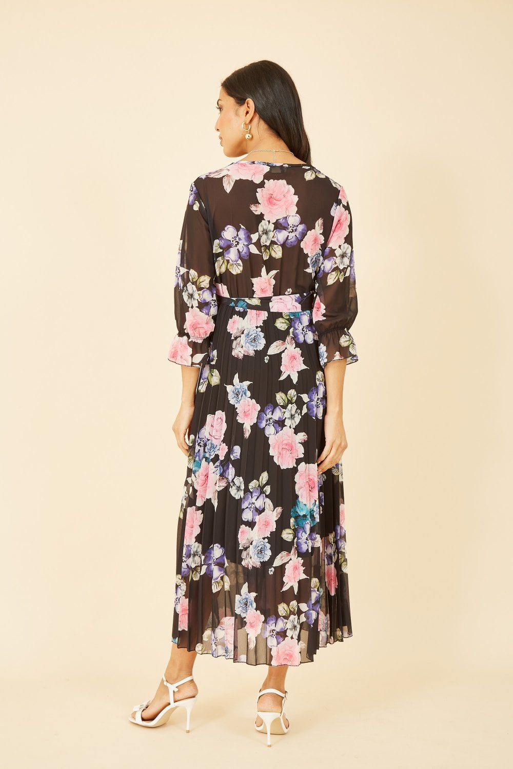 Yumi Black Floral Pleated Wrap Midi Dress Yumi