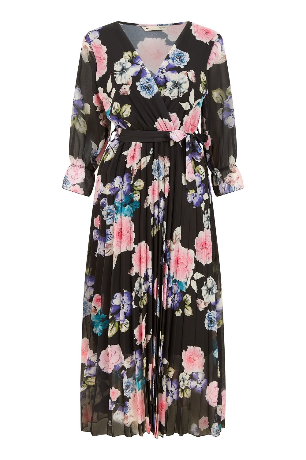 Yumi Black Floral Pleated Wrap Midi Dress Yumi