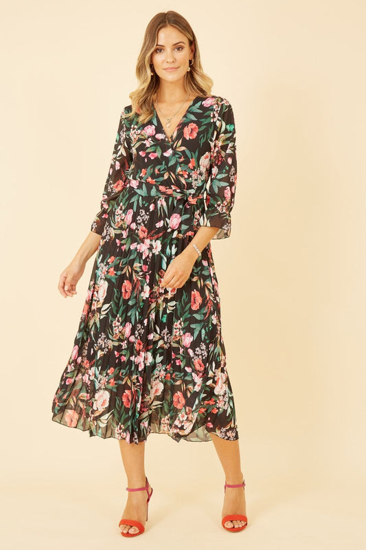 Yumi Black Floral Print Midi Wrap Dress With Pleated Skirt Yumi