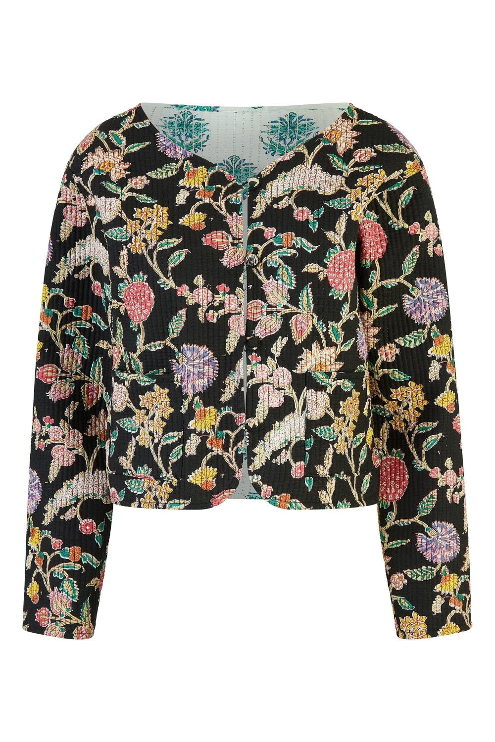 Yumi Black Floral Print Reversible Cotton Cropped Quilted Jacket Yumi