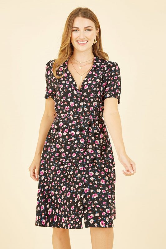 Yumi Black Floral Retro Shirtdress Yumi