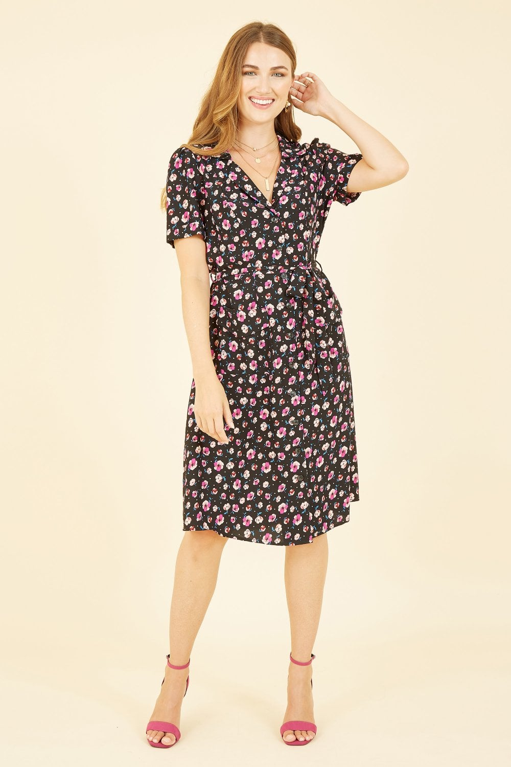 Yumi Black Floral Retro Shirtdress Yumi