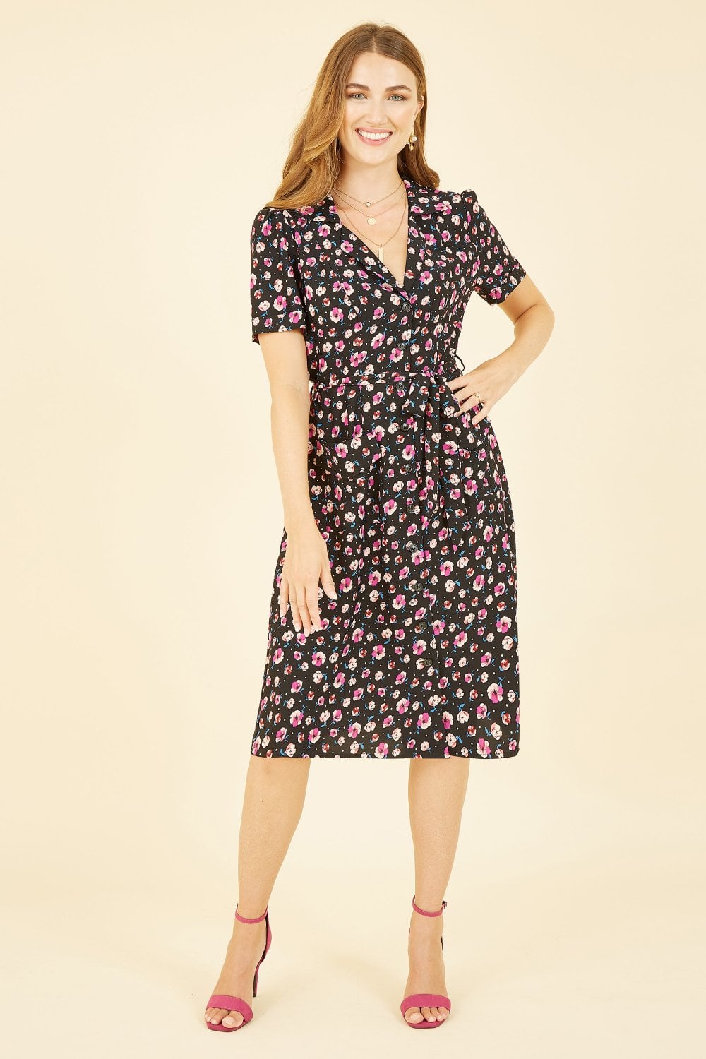 Yumi Black Floral Retro Shirtdress Yumi