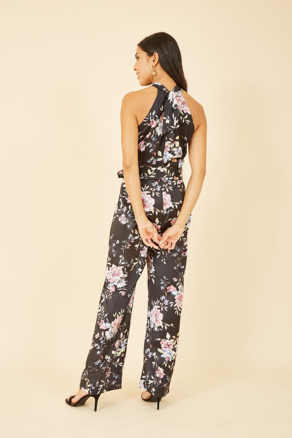 Yumi Black Floral Satin Halter neck Jumpsuit Yumi