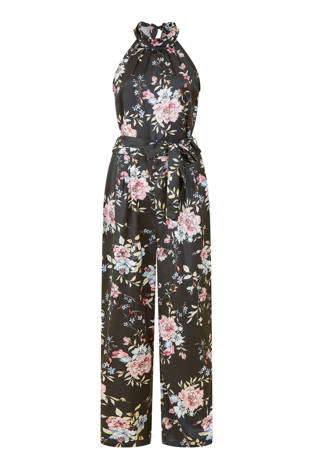 Yumi Black Floral Satin Halter neck Jumpsuit Yumi