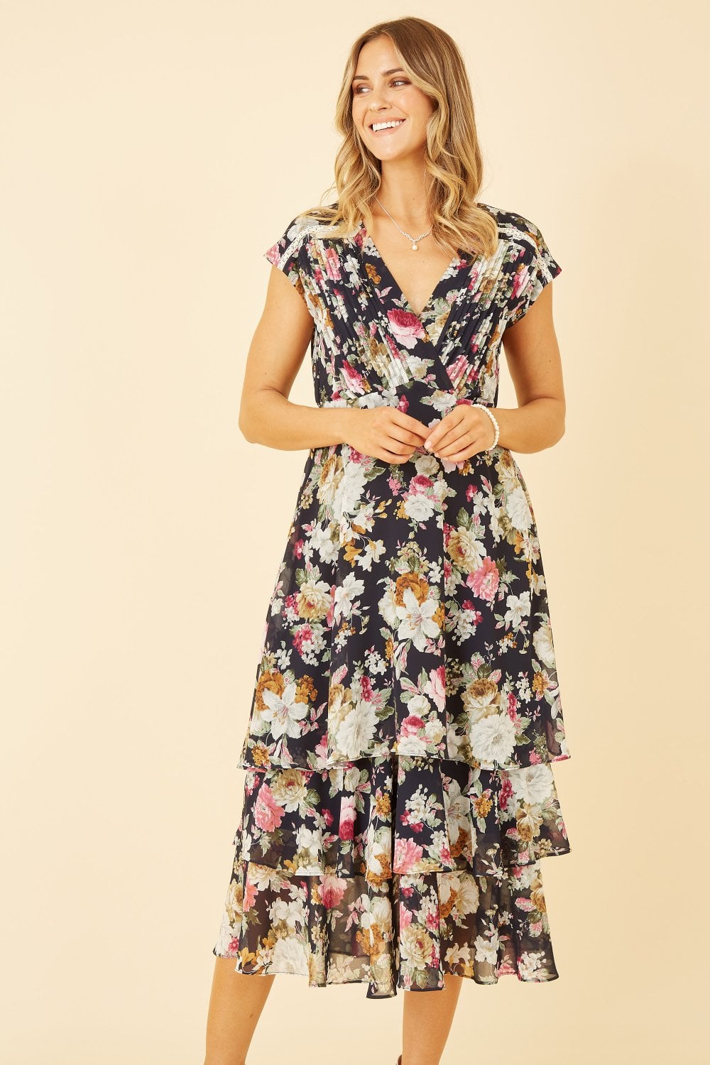 Yumi Black Floral Tiered Midi Dress Yumi