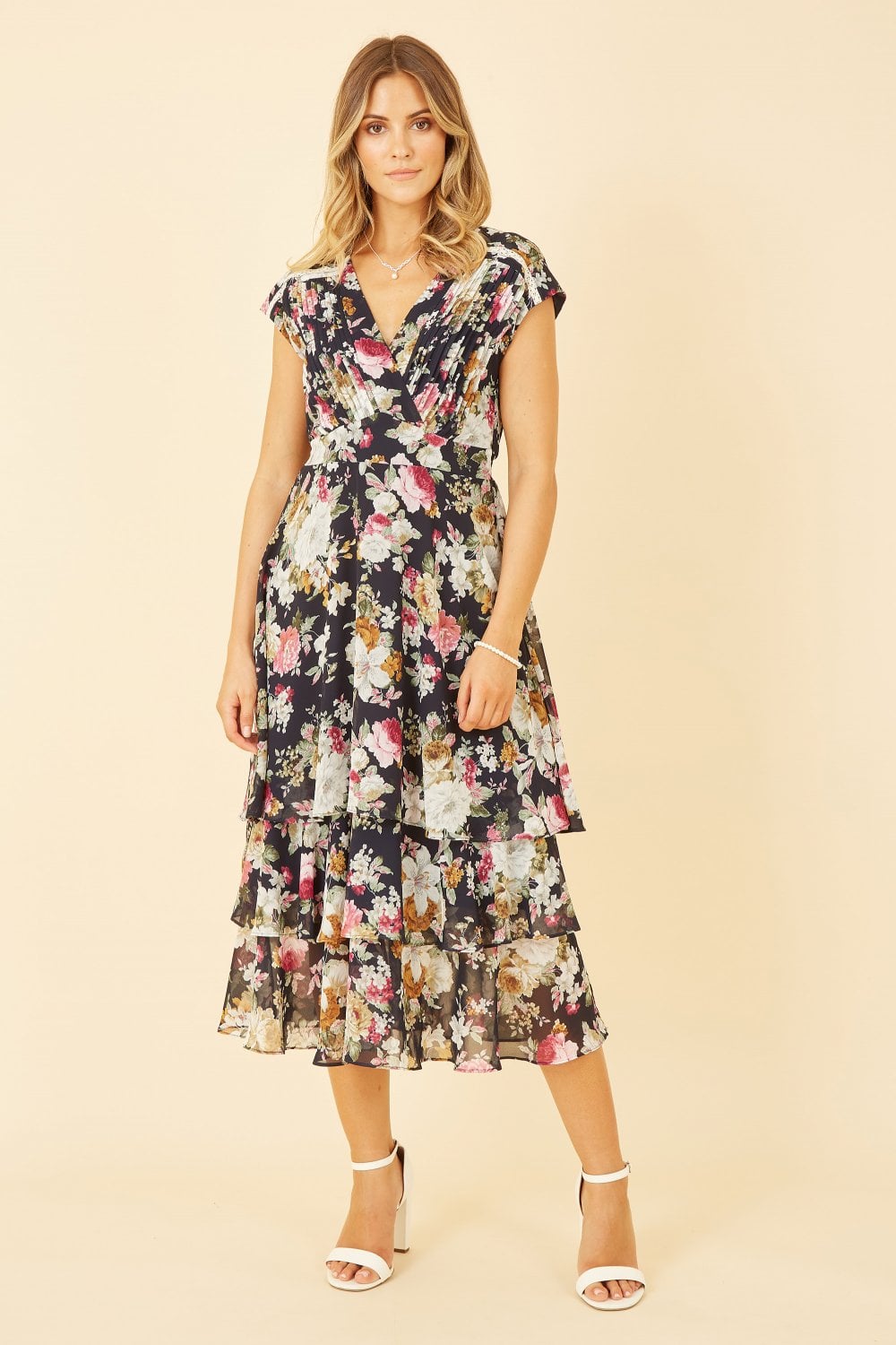 Yumi Black Floral Tiered Midi Dress Yumi