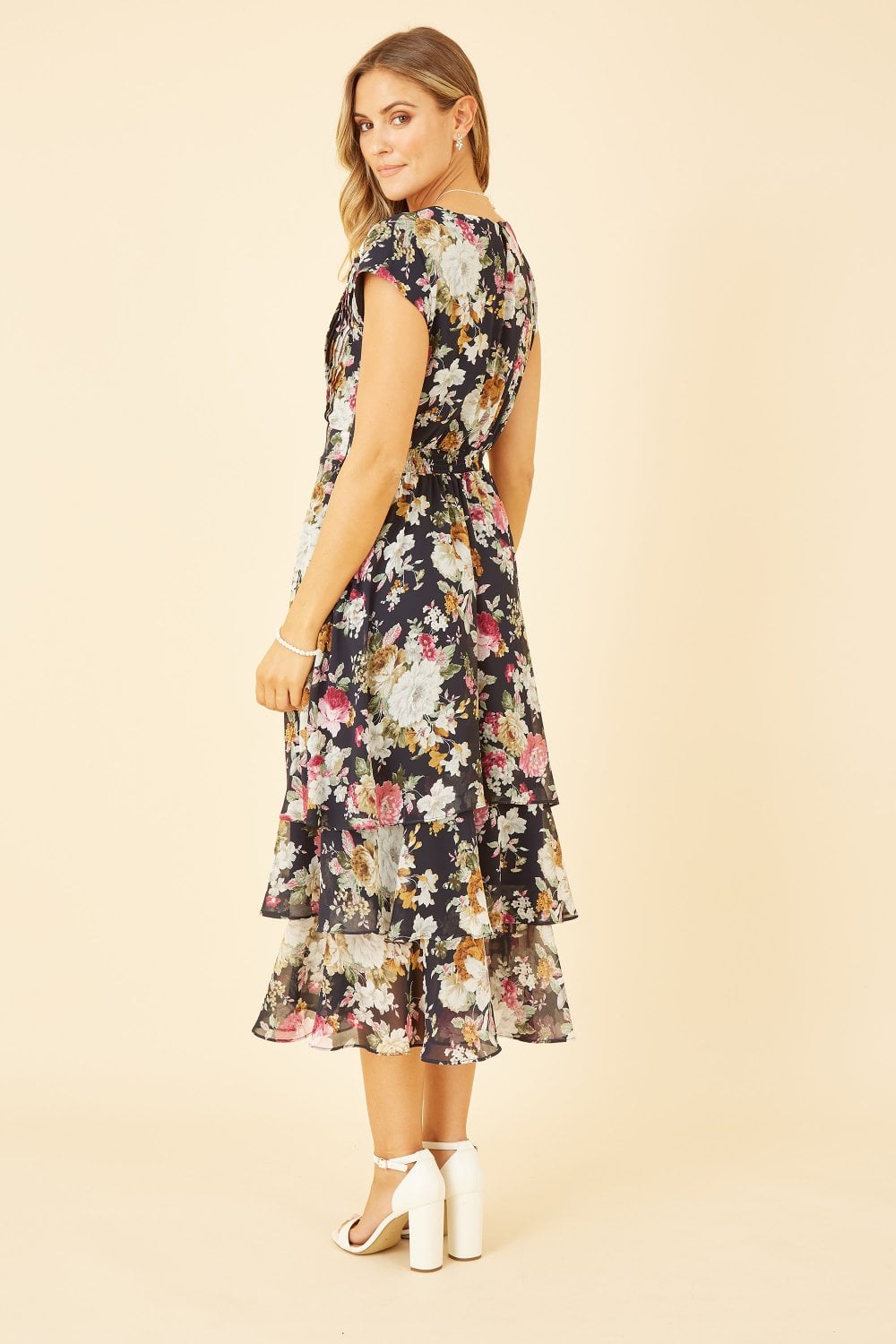 Yumi Black Floral Tiered Midi Dress Yumi