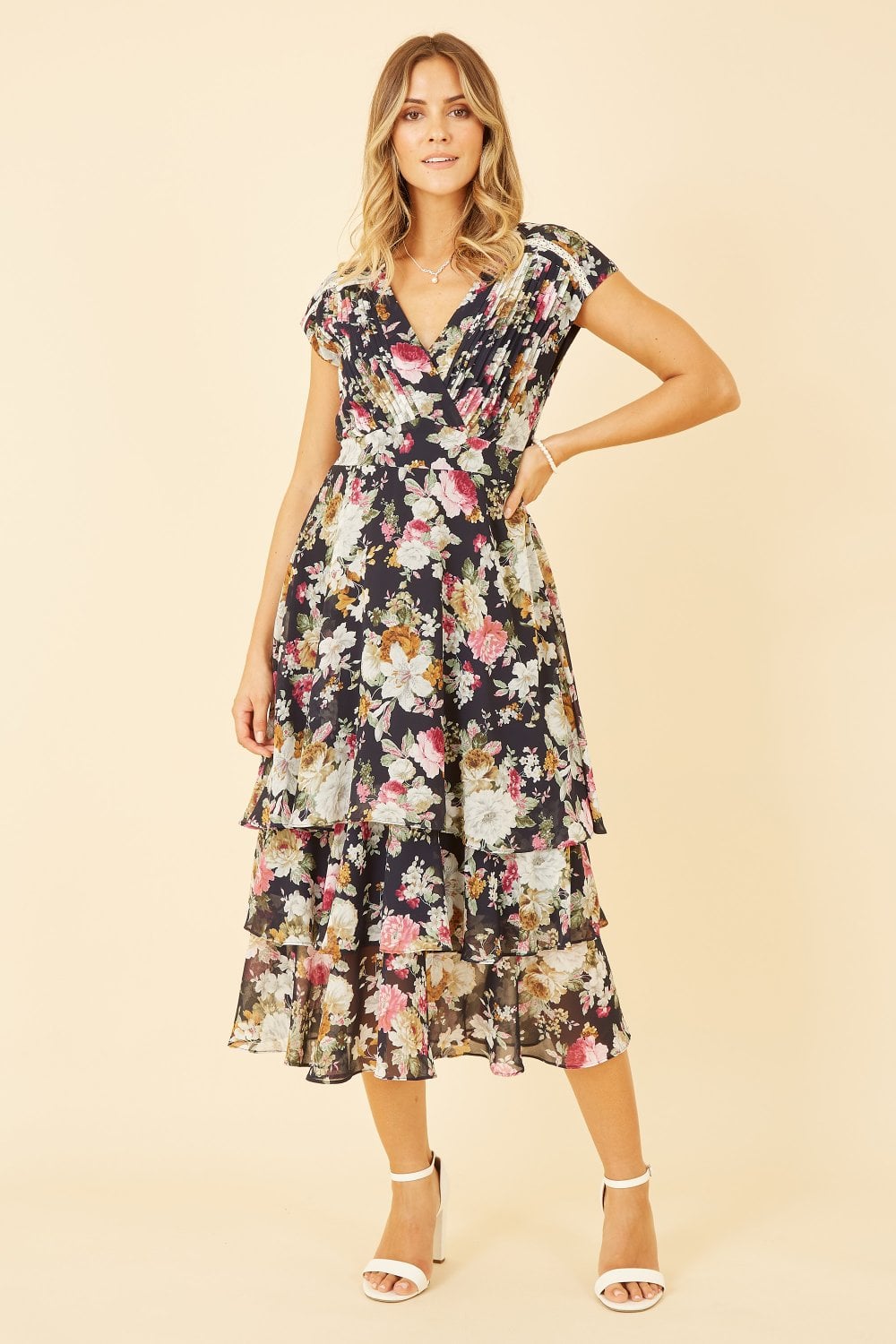 Yumi Black Floral Tiered Midi Dress Yumi